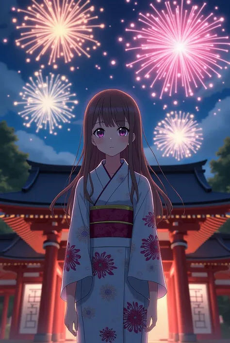 anime girl in a yukata facing forwards at shrine at night with fireworks