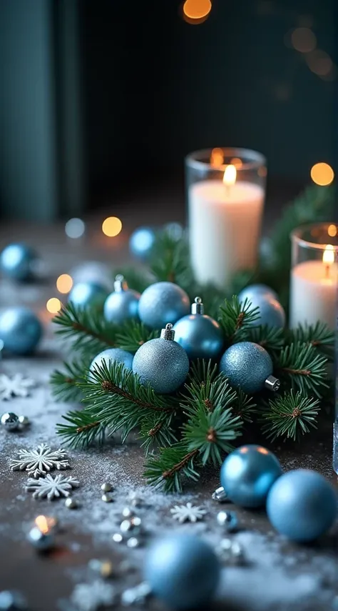 Left A pine branch with light blue shiny Christmas balls , Cozy winter composition . .  Candles of warm white shades are burning nearby ,  photographic quality ,  superb detail ,  realistic photos 8k , sharp focus,  high resolution , сверх high resolution ...