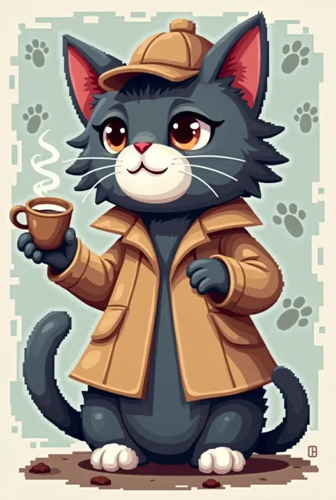 " A cat in pixel art style with a detective theme , inspired by classic games .  It is gray with white details ,  wearing a beige detective coat and a classic Sherlock Holmes style hat .  The cat is holding a cup of steaming coffee in one paw and a magnify...