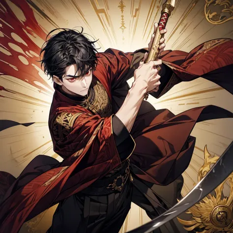 A short-haired man with black hair and red eyes, wearing a black noble outfit with gold patterns; he has a quick temper, is easily irritated, and is highly skilled in swordsmanship and warfare.