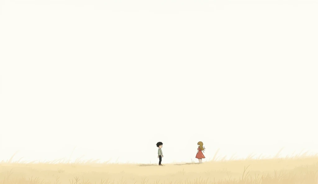 A boy looking girl from far holding hands with another boy sketch standing in a field, plain background, savana background, simple background, wide establishing shot, field background, simple white background, minimalist background,background, random backg...