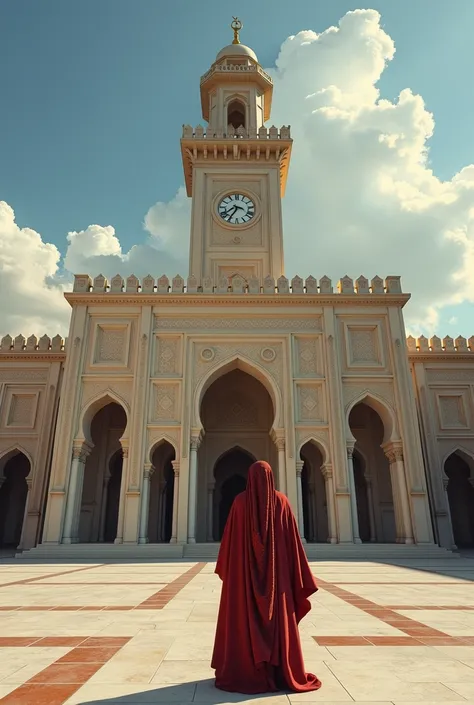 arafed man standing in front of a large building with a clock tower, a picture inspired by Osman Hamdi Bey, tumblr, qajar art, khyzyl saleem, ash thorp khyzyl saleem, sayem reza, riyahd cassiem, he is in a mosque, very very low quality picture, kyza saleem