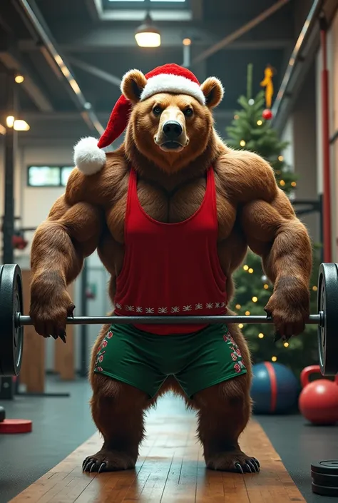 a bear in a crossfit gym celebrating chrismas