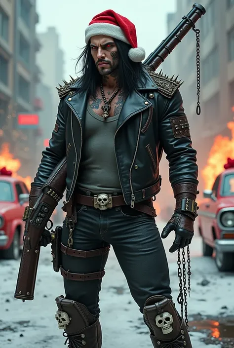 Muscular red eyed badass man with long black hair wearing santa hat with white skin on whole body and black tatoos on his face, looking like a Lobo from DC comics, with a chain on his right hand and hook, holding an ornamental sawed-off shotgun in both han...