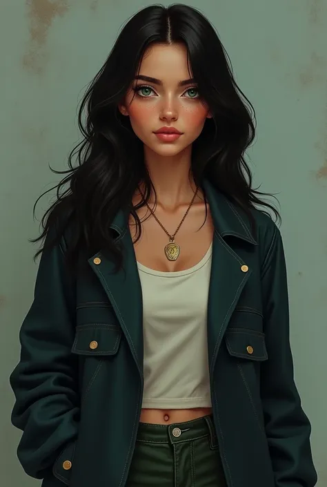  Create a 23-year-old girl.
hair: Long and smooth black .
eyes:  Emerald Green .
fur: clara,  with a light natural blush on the cheeks and delicate freckles .
 Body:  Strong and well-proportioned ,  with a figure that stands out effortlessly .
 expression:...