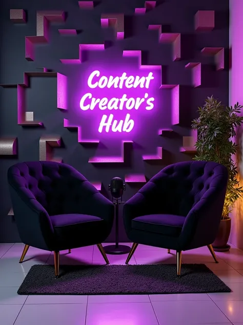 The image shows a cozy and vibrant podcast or recording studio setup with the following details:

Studio Name:
A neon sign on the wall reads "Content Creators Hub" a podcast mic to serve as the logo on the wall in a bright purple glow, standing out against...