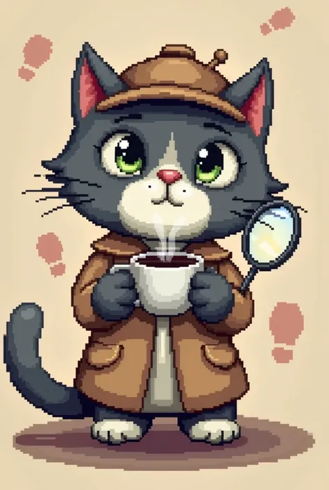 " A cat in pixel art style with a detective theme , inspired by classic games .  It is gray with white details ,  wearing a beige detective coat and a classic Sherlock Holmes style hat .  The cat is holding a cup of steaming coffee in one paw and a magnify...