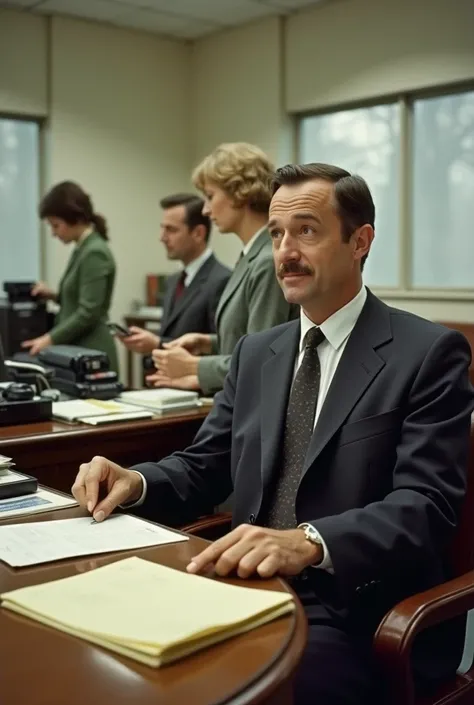 best quality, 32k, RAW photo, extremely detailed, A 1967 photo of a bank manager working in his office wearing a 1967-style suit and tie. He is sitting at a desk with folders and a telephone. The managers office is near the cashier area where three bank te...