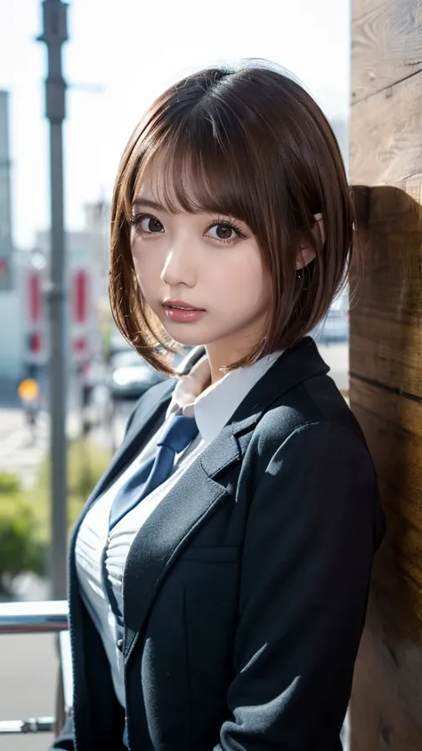 ((masterpiece,  top quality ,  high res,  Ultra Fine)),  Japanese high school girl ,( realistic:1.5)、 Amazing Face 、 sharp mouth、With a pout、Glossy Lips 、 short hair,(Beautiful brown hair:1.5)、 high school uniform ,(Black blazer, ties, dress shirt, very sh...