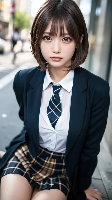 ((masterpiece,  top quality ,  high res,  Ultra Fine)),  Japanese high school girl ,( realistic:1.5)、 Amazing Face 、 sharp mouth、With a pout、Glossy Lips 、 short hair,(Beautiful brown hair:1.5)、 high school uniform ,(Black blazer, ties, dress shirt, very sh...