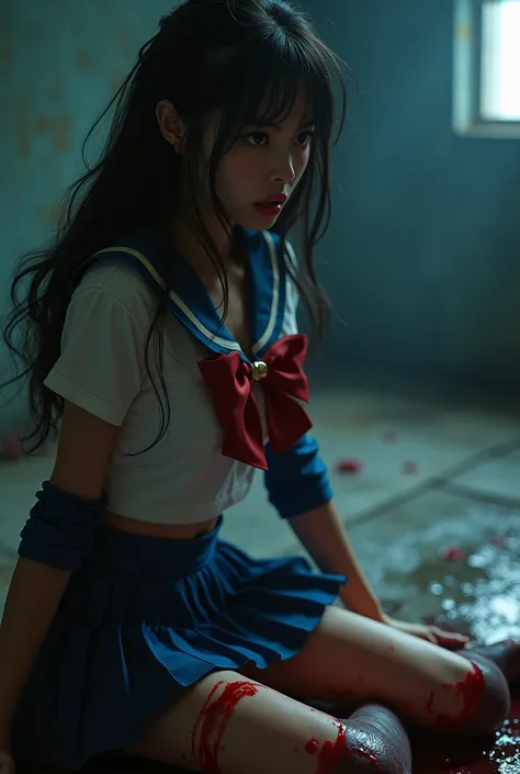 A beautiful Asian woman in a sailor moon costume,  sailor suit, micro miniskirt, long boots, suffering expression, crying, heavy bleeding from her thighs, ((knife piercing her thigh)), ((man stabbing her thigh with a knife)),(best quality,4k,8k,highres,mas...