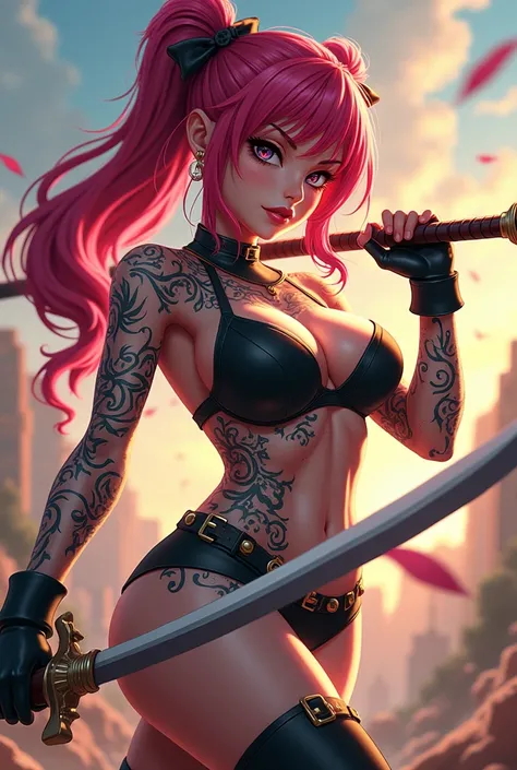 Anime cartoon girl with curvaceous forms in tattoos, with weapons