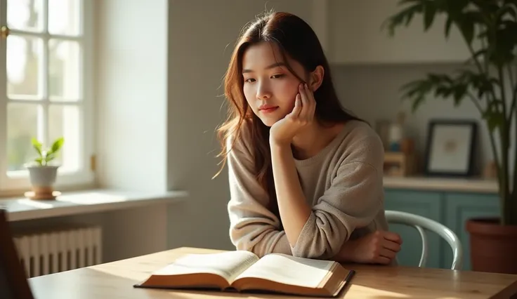  Person sitting with her hand on her mind , she is sitting with her bible open,clear and happy image 