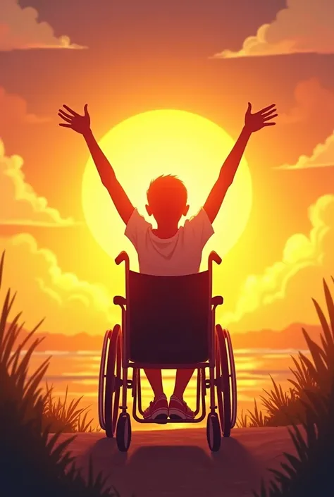 A bright picture of a  on a wheelchair with arms open wide to the sunset 