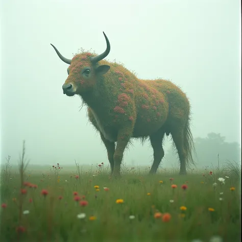 giant surreal and abstract animal made of flowers and iron in a misty open green grassy plain, majestic, epic, surreal, abstract, magical, macro photo, photo realistic, vintage, dust on lens, film grain, 35 mm photo, bokeh, muted colors