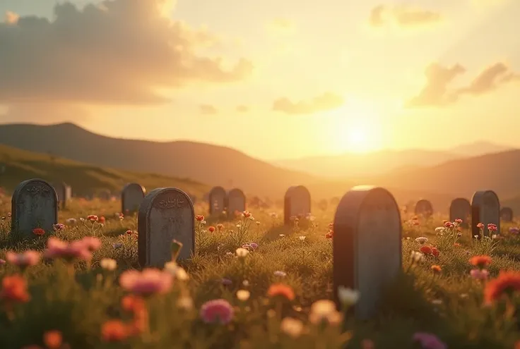 A respectful, symbolic scene representing the concept of the remaining dead in an Islamic context, emphasizing the peaceful state of those who have passed away. The scene features a serene, tranquil graveyard bathed in soft, golden light, with rows of simp...