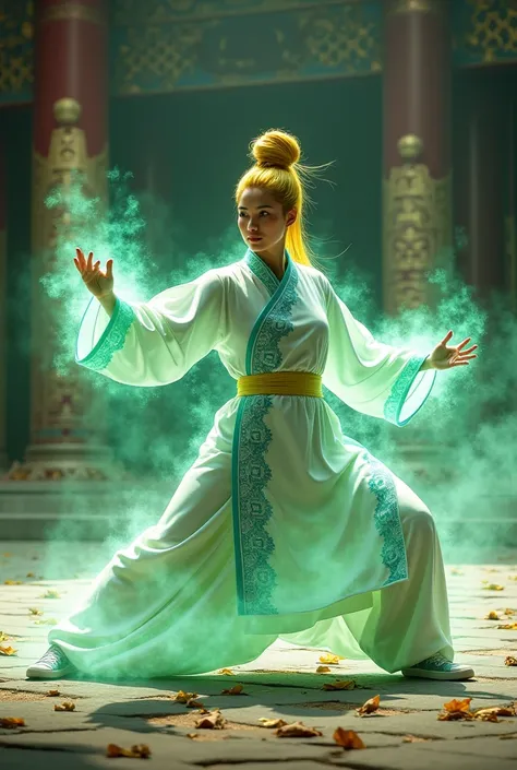 decontruction a kung fu tai chi master,enchanting rasta woman,yellow hair braided in a top bun,slightly overweight,optimistic full of determination,wearing traditional Chinese clothing white hanfu combined with intricate detailed triadic blue patterns, sho...