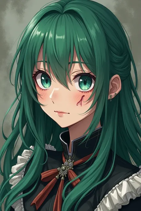 Anime girl from the northern middle ages with green hair, blue eyes and a scar on her right eye. 