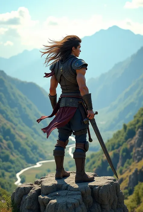 A young warrior, Kael, standing tall on a cliff, overlooking a vast valley, with the wind blowing through his hair."