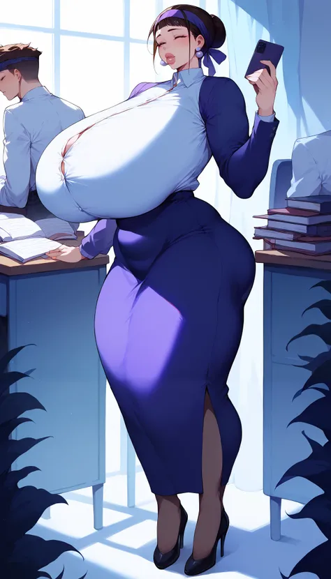 Full body image, white woman, small nose, skinny woman, big lips, plump lips, brunette, sleek hai with headband, HyperSag, huge breasts, gigantic breasts, fully clothed, purple teacher outfit