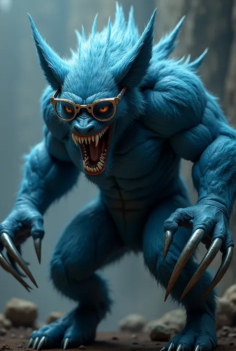 Blue Beast with wolverine claws and cyclop eyeglasses 