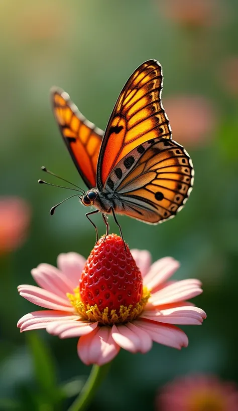 A stunning butterfly with intricate patterns on its wings flutters gently in a flower-filled garden. Below it, a luscious, ripe strawberry rests on a flower petal, its rich red color contrasting beautifully with the greenery around it. The butterfly lands ...