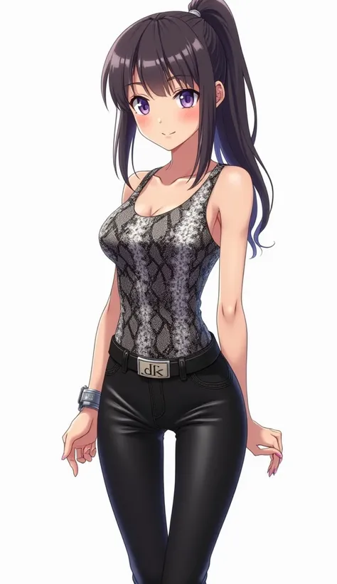 Japanese anime teenage woman with long hair with a ponytail leaving smudges and purple eyes and pink nails and wears a tight tank top with snakeskin print in shades of black and white. She wears black leather pants and a belt with a buckle that has the ini...