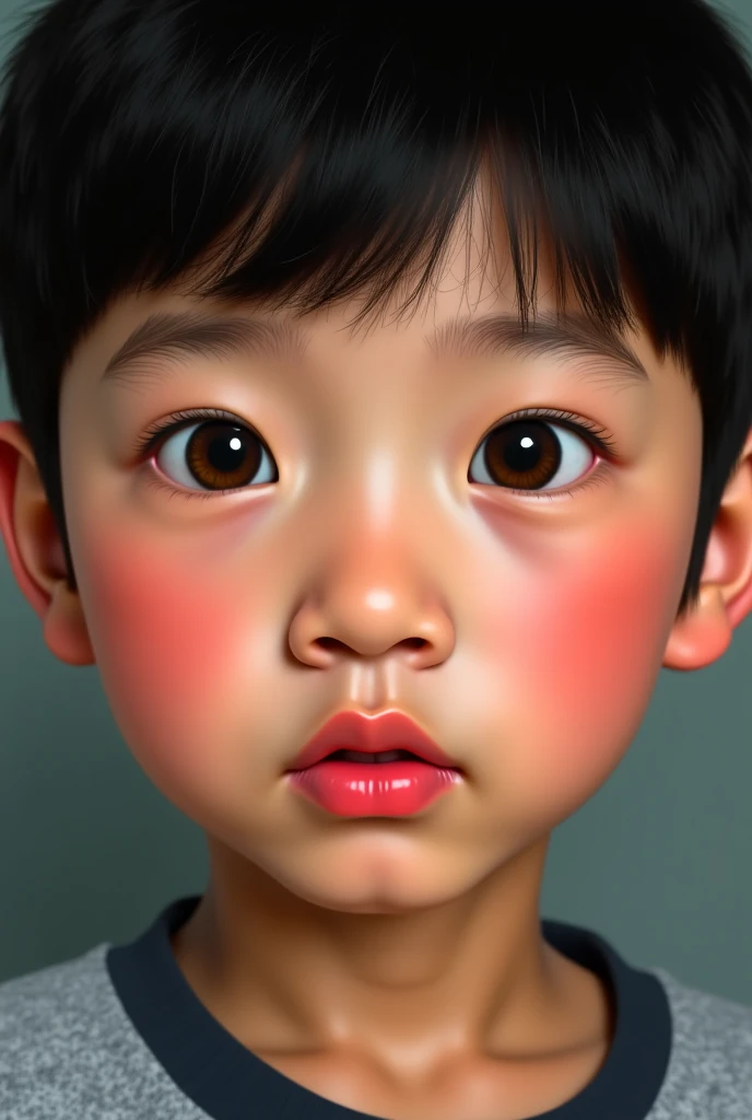 A boy with eye colour hazel eye shape hooked skin tone asain  plush red lower thiner lips litte ressced jaw little bigeer nose