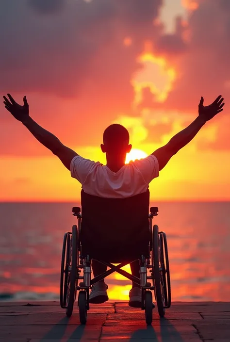 A bright picture of a human black  on a wheelchair with arms open wide to the sunset 