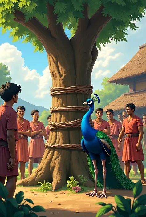 (The next morning, the villagers found the thief tied to the tree. The real peacock became the hero and won everyones hearts.)
