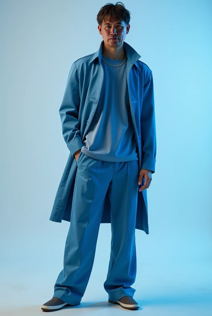 A half-body fashion portrait of a male model wearing a modern outfit with a blue tonal palette, standing in a professional studio. The outfit features sleek lines and contemporary design, complemented by accessories that match the blue tones. The studio li...