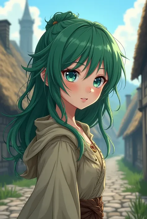 Medieval peasant anime girl with green hair and blue eyes and eye scar 