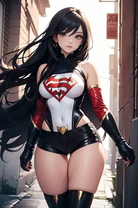 Beautiful girl with long black hair, delicate face. Superheroine outfit, layer, tight shorts with a vulva print