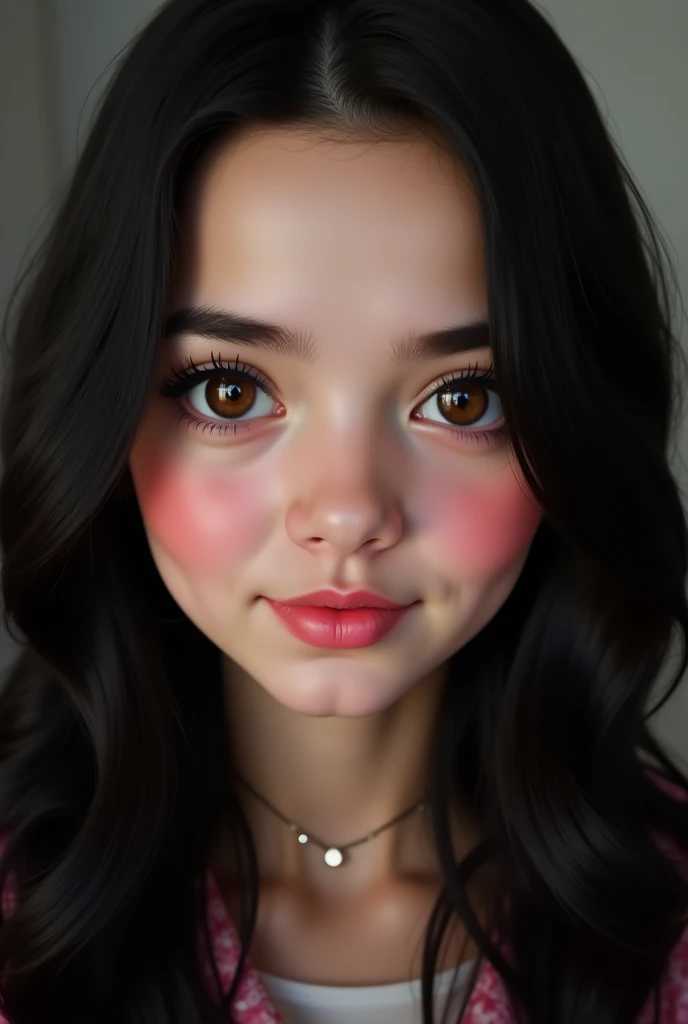 The scene of a twentysomething girl with brown and brown eyes, thick black eyelashes, thick, drawn and black eyebrows, upturned, full and pink lips, pink cheeks, rabbit nose, long black hair that looks real and European features 