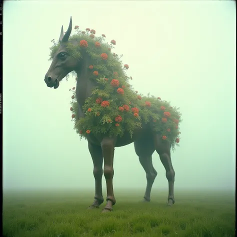 giant surreal and abstract animal made of flowers and iron in a misty open green grassy plain, majestic, epic, surreal, abstract, magical, macro photo, photo realistic, vintage, dust on lens, film grain, 35 mm photo, bokeh, muted colors, no humans