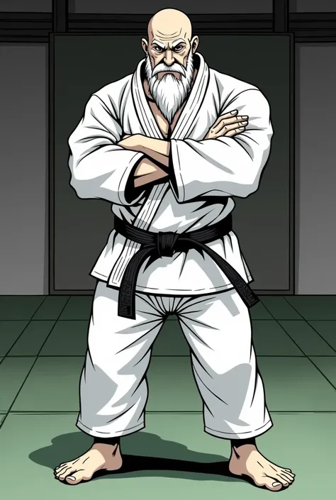 A 50-year-old Jiu Jitsu fighter , bald,  very muscular and strong body,  long white goatee ,  with a very angry face and scar above the right eye ,  standing with arms crossed over the chest ,  wearing a white kimono tightly around your body and wearing a ...