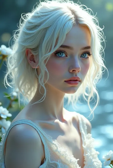 White female character with short platinum blonde shoulder length with blue eyes 