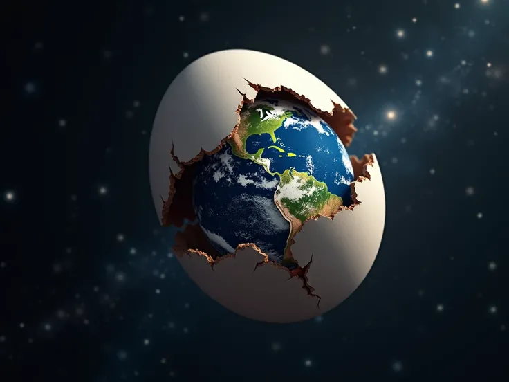 image of an egg hatching into the earth, background is space, realistic 4k image