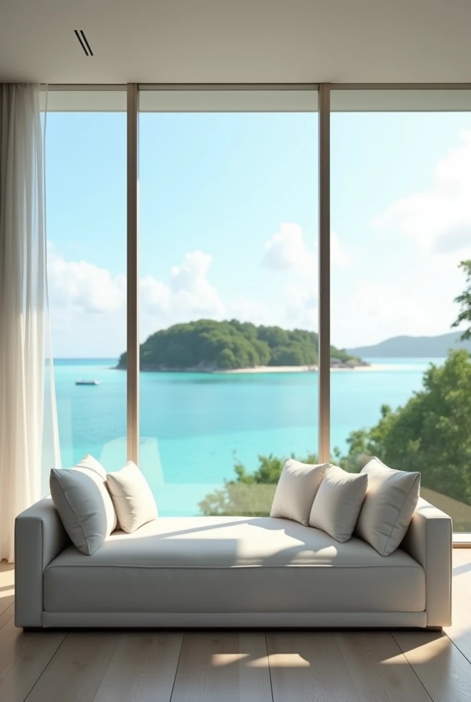 Inside a hotel room with a white couch overlooking a resort island no people