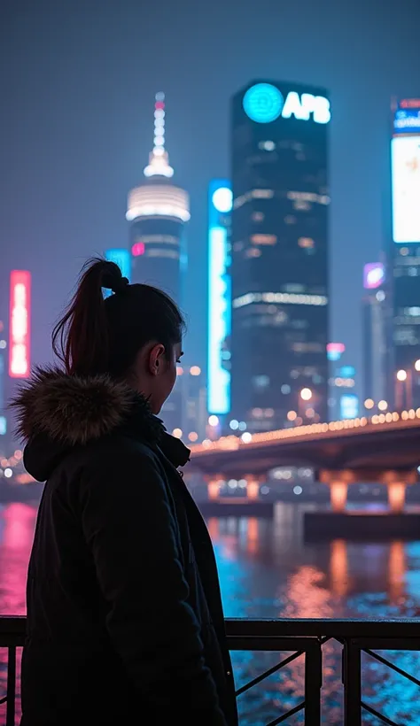 Make a cyber-handsome guy prompt and pretty girl facing a cinematic camera on a cyberpunk city location, High rise with APB logo,  highway bridges in the distance and rivers in a cinematically realistic New Years Eve setting