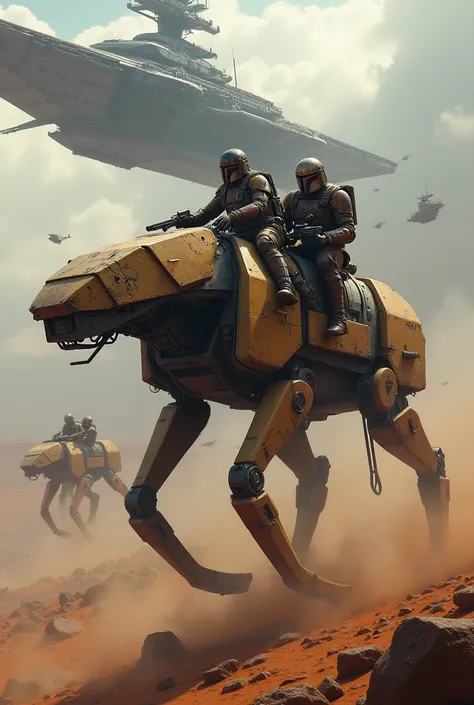 russian and mandalorian warriors riding Basilisk war droid going to assault an american warship, birds view, like star wars