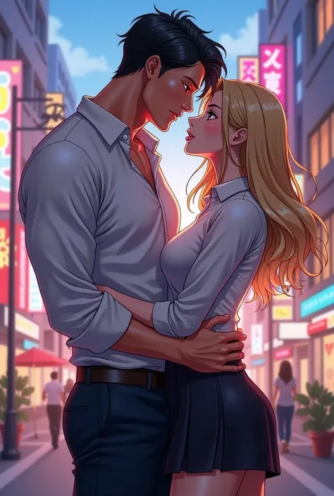 a blonde woman in a white shirt and black skirt making out with a tall, burly man in a white shirt and smooth black hair with only sky background (make it with anime japan graphics) 