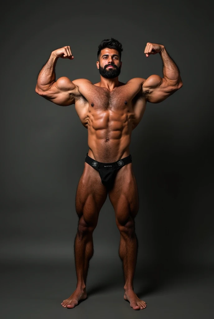 A muscular man hair flexing his big biceps dand abs, his armpits are very hairy and big, his nipples are big and darker skin tone, his body is oiled up, he has hair in the abdomen like a happy trail, his legs are long