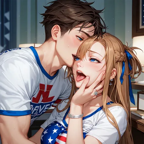 (( top quality )), ((masterpiece)), ( Details), （perfect face）、Yuki Asuna, who has bright brown hair, wears rough clothes on an American T-shirt, wears an engagement ring, has passionate seeding sex with a strong American white man with blond blue eyes, is...