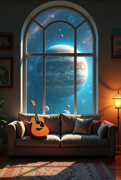 "A musical album cover with the theme From the Living Room to the World. The scene shows a comfortable sofa, representing a living room, with a guitar leaning against or positioned on the sofa, symbolizing the connection with music In the background, a lar...