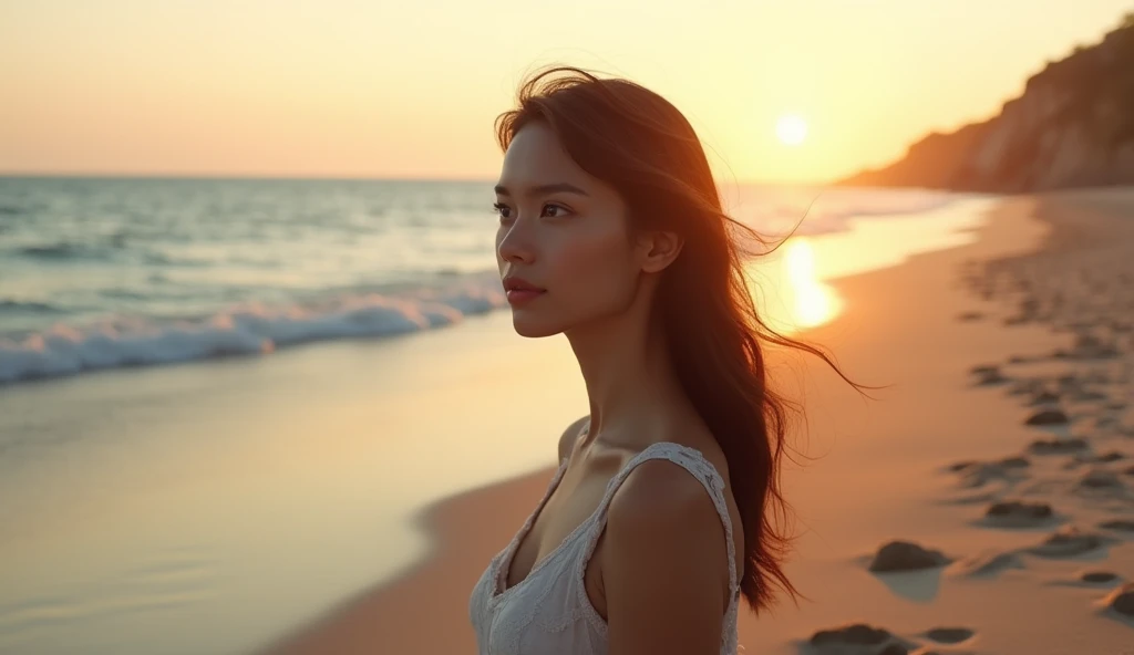 "A woman stands on the beach with a gentle breeze blowing her hair, gazing into the horizon. Calm atmosphere with fading footprints in wet sand washed by waves. Cinematic 3D render style with low sunset lighting, using a Canon EOS R5 camera with a telephot...