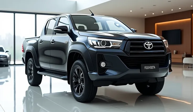 A stunning picture of 2025 Toyota Hilux in Black colour both side view stand in showroom vehicle name written on no Plate