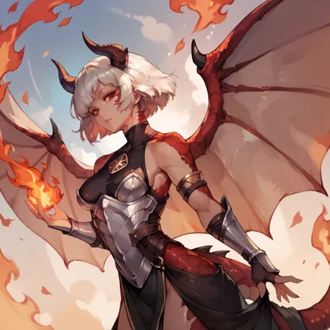 a female with red eyes and white hair, has dragon-like features and red scales, shiny skin, dressed in ceremonial robes, sexy, short bob cut hair, has scales, has dragon horns, has dragon tail, armored, has large dragon wings, surrounded by flames