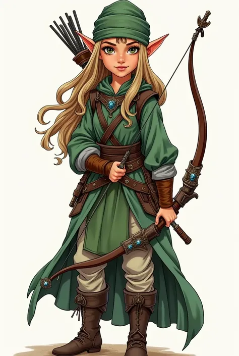 American comic  fantasy style with thick ink pen traits and contour of a young woman elf ranger holding a magical ancient epic bow with precious stones imbued in its metal base and magical aura around it, in in her hand with light brown hair and brown and ...