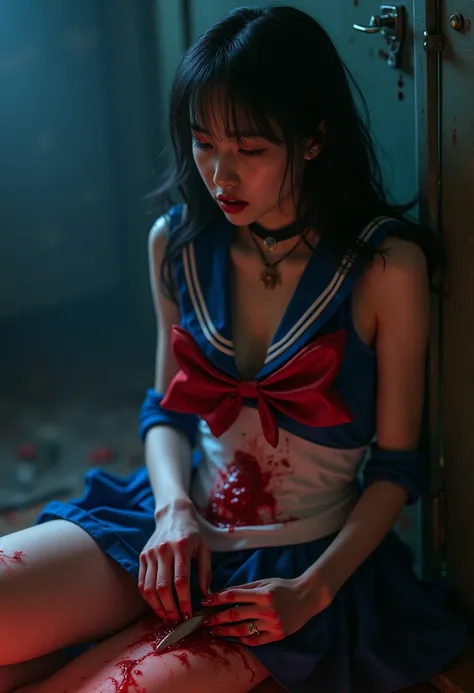 A beautiful Asian woman in a sailor moon costume,  sailor suit, micro miniskirt, long boots, suffering expression, crying, heavy bleeding from her thighs, (knife piercing her thigh:1.8), (man stabbing her thigh with a knife:1.5),(best quality,4k,8k,highres...